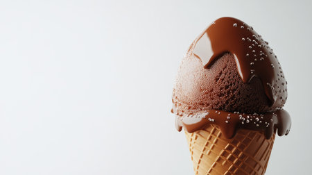 A close-up shot of a delicious chocolate ice cream cone, featuring a perfectly shaped scoop, rich texture, and decadent melted chocolate. Ideal for summer treats.の素材