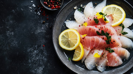 A beautifully arranged plate of delicate fish carpaccio, garnished with fresh herbs and lemon slices, perfect for seafood lovers and culinary enthusiasts.の素材
