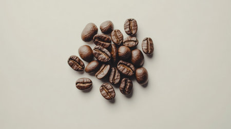 A close-up view of a small pile of roasted coffee beans, showcasing their rich brown color and unique textures against a clean background, perfect for culinary and beverage themes.の素材