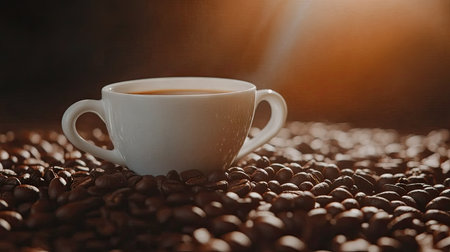 A cozy white coffee cup resting on scattered coffee beans, illuminated by warm light. This serene scene captures the essence of relaxing mornings and the joy of savoring a cup of coffee.の素材