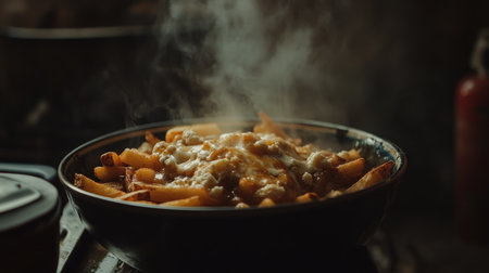 A steaming bowl of poutine brimming with golden fries, rich gravy, and melted cheese, perfect for food lovers and culinary enthusiasts.の素材