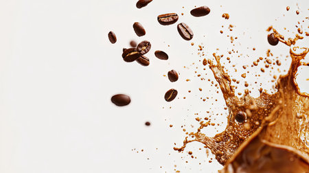 A stunning visual of coffee splashing with flying beans, capturing dynamic motion and energy. Ideal for showcasing the beauty and excitement of coffee culture.の素材