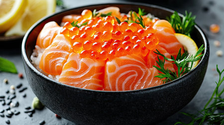 This image showcases a luxurious Japanese donburi featuring fresh sliced salmon and vibrant salmon roe, beautifully arranged over rice, garnished with herbs.の素材