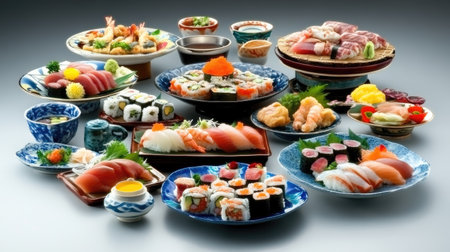 Immerse yourself in a lavish Japanese meal spread featuring an exquisite array of sushi and sashimi, showcasing vibrant colors and fresh ingredients.の素材