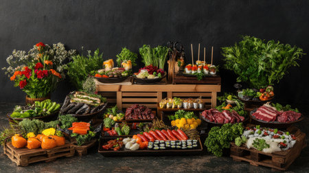 A lavish presentation featuring a stunning array of Japanese cuisine, showcasing vibrant colors, fresh ingredients, and artistic arrangements for a memorable banquet experience.の素材
