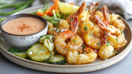 Indulge in crispy tempura shrimp served with a zesty dipping sauce. This colorful platter showcases fresh vegetables, making it a delightful appetizer or main dish ideal for any meal.の素材