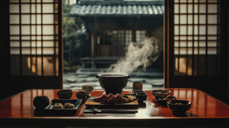 Experience a luxurious Japanese multi-course meal with beautiful presentation and rich flavors, set in a serene traditional setting that invites relaxation.の素材