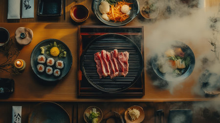 Experience a luxurious Japanese multi-course meal with an array of colorful dishes featuring grilled beef, fresh sushi, and vibrant vegetables, all beautifully presented.の素材