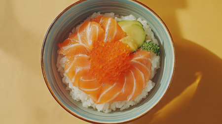 Discover a beautiful salmon donburi served in a simple bowl, featuring fresh ingredients and vibrant colors that highlight the dish's elegance and taste.の素材