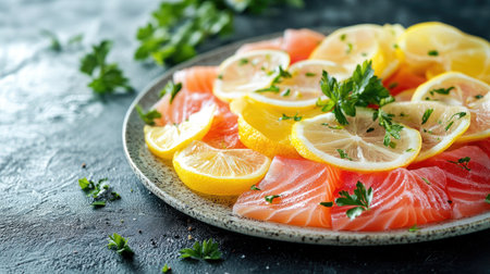 A vibrant plate of colorful fish carpaccio garnished with fresh lemon slices and herbs, perfect for an elegant appetizer or gourmet dining experience.の素材
