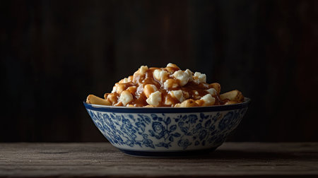 A mouthwatering bowl of poutine showcasing crispy fries topped with rich gravy and cheese curds. This indulgent dish is perfect for comfort food lovers.の素材