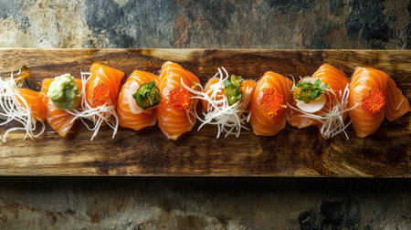 A beautifully arranged platter of fresh salmon sashimi on a wooden board, garnished with wasabi and herbs, perfect for a gourmet dining experience.の素材