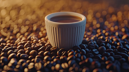A serene image of a white cup filled with rich coffee, elegantly placed among roasted coffee beans, capturing the essence of warmth and relaxation in a cozy setting.の素材