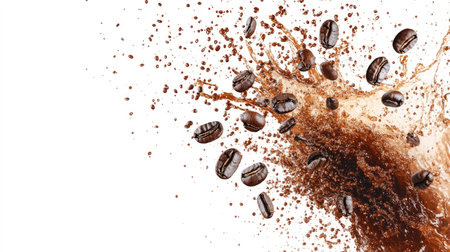 A striking image showcasing a dynamic coffee splash with flying beans, capturing the essence of energy and freshness. Perfect for beverage-related themes.の素材