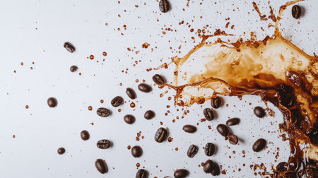 A stunning depiction of hot coffee splashing in motion, showcasing droplets and coffee beans on a clean surface, perfect for beverage-themed visuals.の素材