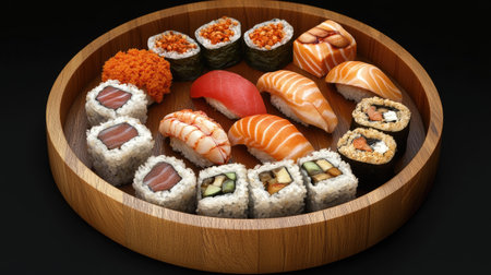 A beautifully arranged assortment of sushi on a round wooden plate, showcasing a variety of flavors and colors that reflect Japanese culinary artistry. Perfect for food photography or menus.の素材