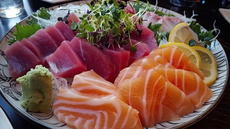 Indulge in a visually appealing fresh sashimi platter featuring vibrant slices of tuna and salmon, paired with wasabi and lemon for a gourmet dining experience.の素材
