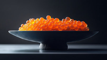 A beautifully presented dish of salmon roe, featuring vibrant ikura on a dark plate, showcasing the art of culinary presentation and sushi culture.の素材