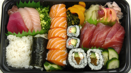 This captivating image features a neatly arranged sushi platter from Japan, showcasing vibrant colors, fresh fish, and artistic presentation of traditional Japanese cuisine.の素材
