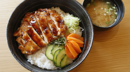 A delicious Japanese rice bowl featuring tender chicken, vibrant vegetables, and a side of miso soup. Perfect for a savory and satisfying meal.の素材