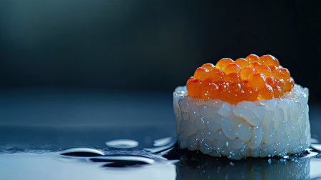 A stunning sushi roll topped with vibrant salmon roe, showcasing the artistry of Japanese cuisine. Perfect for food lovers and gourmet presentations.の素材