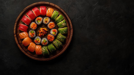 A stylish sushi platter featuring an array of vibrant sushi rolls, including salmon, tuna, and vegetables, perfect for dining occasions and food photography.の素材