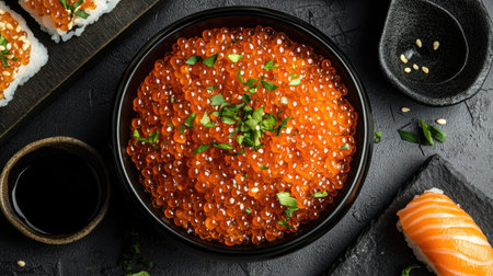 A close-up view of fresh salmon roe presented in a black bowl, garnished with herbs, showcasing vibrant colors and textures perfect for gourmet cuisine lovers.の素材