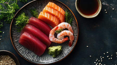 A vibrant plate of assorted sashimi featuring fresh tuna, salmon, and shrimp, garnished with wasabi and served with soy sauce, perfect for seafood lovers.の素材