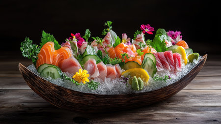 This stunning sashimi display features fresh seafood elegantly arranged in a wooden boat filled with ice, garnished with vibrant flowers and vegetables for a gourmet presentation.の素材