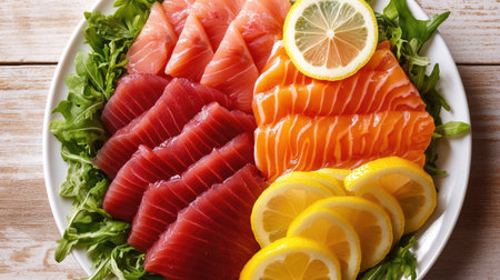 A vibrant top-down view of a fresh sashimi platter featuring assorted fish, garnished with lemon slices, perfect for seafood lovers and gourmet dining.の素材