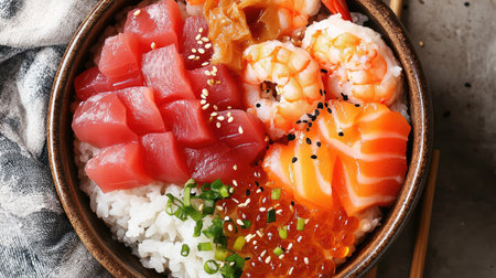 This vibrant chirashi bowl features an array of fresh sushi toppings, including shrimp, tuna, and salmon, served over a bed of rice, perfect for any meal.の素材