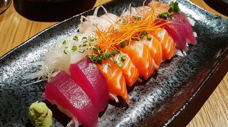 A vibrant sashimi platter showcasing a variety of fresh seafood slices, accented with garnishes and wasabi, ideal for gourmet dining experiences.の素材
