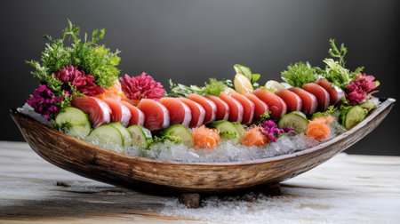 This stunning sushi presentation showcases fresh sashimi elegantly arranged on a wooden boat with colorful elements, perfect for culinary art enthusiasts.の素材