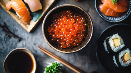 A beautiful arrangement of salmon roe in a bowl surrounded by a selection of sushi. Ideal for showcasing gourmet cuisine and Japanese flavors. Perfect for food photography and culinary presentations.の素材