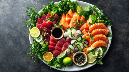 A vibrant top-down view of a colorful sashimi platter featuring assorted seafood garnished with lime and herbs, perfect for any culinary occasion.の素材