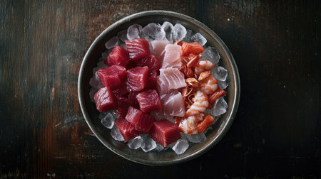 A beautiful assortment of fresh sashimi served on ice in a rustic bowl, showcasing a vibrant array of seafood ideal for a gourmet dining experience.の素材