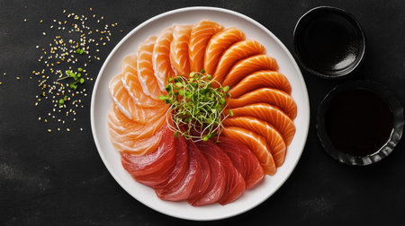 An exquisite platter of fresh tuna and salmon sashimi artfully arranged on a white plate, garnished with sprouts, showcasing vibrant colors and textures.の素材