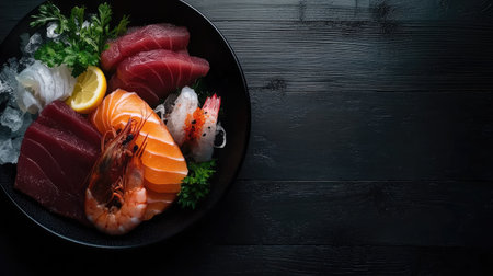 Experience a vibrant sashimi platter featuring fresh tuna, shrimp, and salmon, beautifully presented on a dark wooden background for an elegant dining experience.の素材