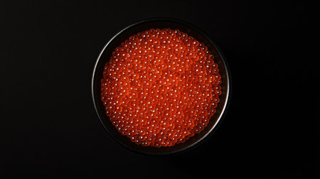 A stunning black bowl filled with vibrant orange caviar, captured from above. This luxurious food item presents a rich texture that is enticing and visually appealing, perfect for gourmet presentations.の素材