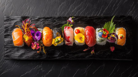 A visually stunning display of colorful sushi rolls and nigiri garnished with flowers and herbs on a sleek slate plate, ideal for culinary presentations.の素材