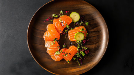 This stunning image showcases fresh raw salmon sashimi elegantly arranged on a wooden plate with herbs and cucumber, highlighting a vibrant culinary presentation.の素材