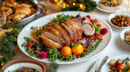 A traditional Chinese roast meal featuring beautifully presented slices of roast meat, garnished with fresh herbs and vibrant fruits, perfect for festive occasions.の素材