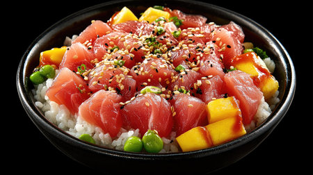 A vibrant Chirashi Don bowl featuring fresh tuna, mango, and vegetables, beautifully presented for a delicious Japanese dining experience.の素材