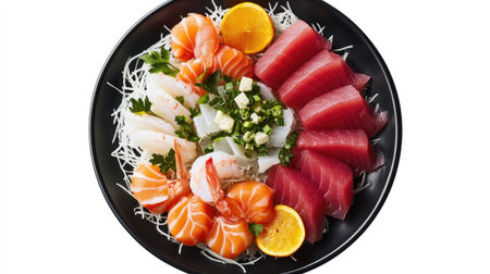 A vibrant top-down view of a fresh sashimi platter featuring a variety of expertly sliced fish garnished with herbs and citrus. Perfect for culinary presentations.の素材