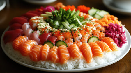 A beautifully arranged traditional Japanese Chirashi Don featuring a variety of fresh seafood, colorful vegetables, and sushi rice, perfect for a delightful dining experience.の素材