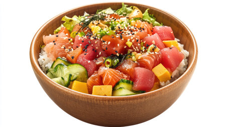 This vibrant Chirashi Don showcases a mix of fresh sushi ingredients atop rice, beautifully presented in a traditional wooden bowl, perfect for any meal.の素材