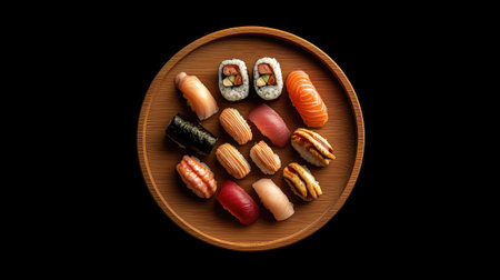 A stunning top-down view of an elegant sushi platter featuring a variety of sushi types arranged on a wooden plate against a black background, perfect for showcasing culinary art.の素材