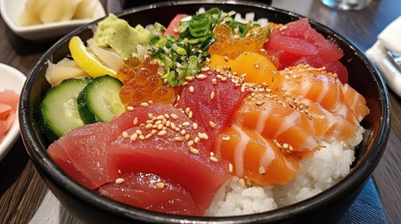 A colorful Chirashi Don bowl featuring an assortment of fresh seafood, including tuna and salmon, served over a bed of rice, garnished with greens and sesame. Perfect for seafood lovers.の素材