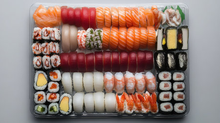 Stunning top down view of an exquisite sushi platter showcasing a vibrant variety of rolls and fresh seafood, perfect for any culinary occasion.の素材