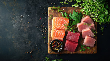 Vibrant assortment of fresh sashimi featuring salmon and tuna, garnished with herbs and spices, perfect for gourmet dining and culinary presentation.の素材